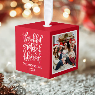 Thankful Grateful Blessed 3 Photo Collage Red Cube Ornament