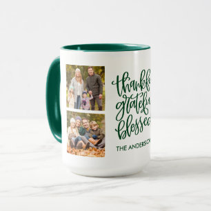 Thankful Grateful Blessed 4 Photo Name Green Mug