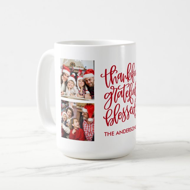 Thankful Grateful Blessed 4 Photo Name Red Coffee Mug (Front Left)