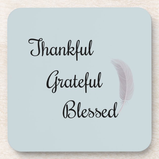 Thankful Grateful Blessed Angel Feather Dusty Blue Beverage Coaster (Front)