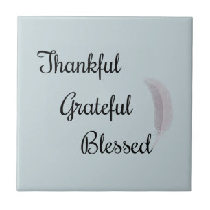Thankful Grateful Blessed Angel Feather Dusty Blue Ceramic Tile
