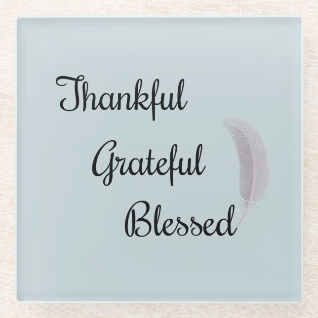 Thankful Grateful Blessed Angel Feather Dusty Blue Glass Coaster (Front)