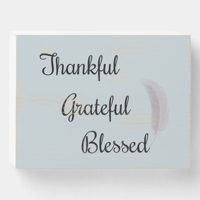 Thankful Grateful Blessed Angel Feather Dusty Blue Wooden Box Sign (Front Horizontal)