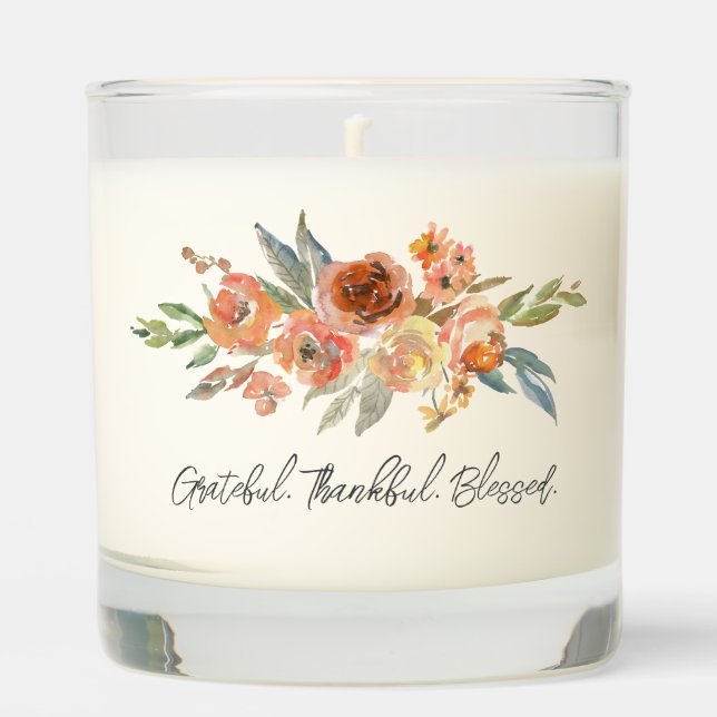 Thankful Grateful Blessed Artisan Fall Floral  Scented Candle (Front)