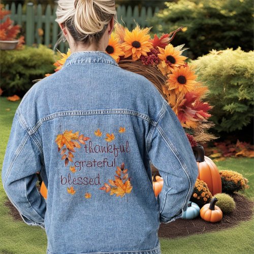 Thankful Grateful Blessed Autumn Fall Leaves Denim Jacket