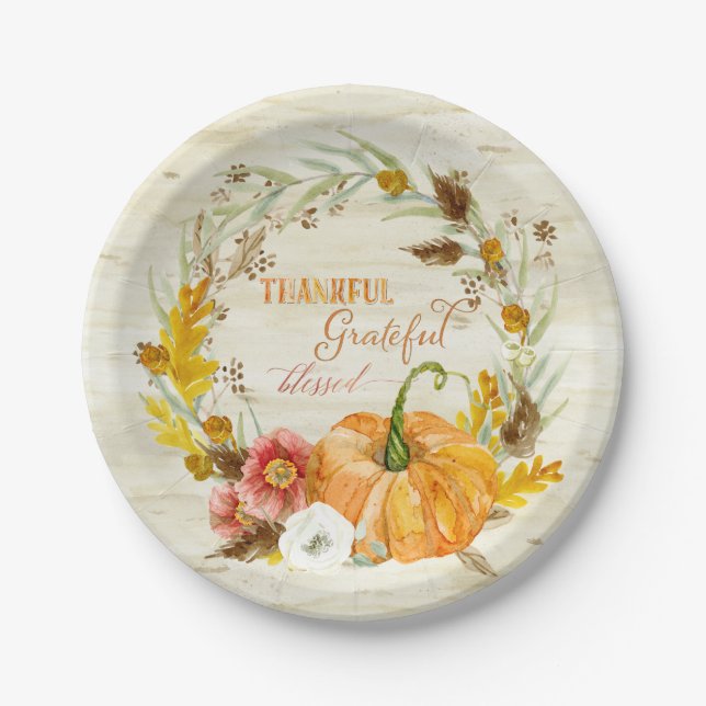 Thankful Grateful Blessed Autumn Harvest Pumpkin Paper Plates (Front)