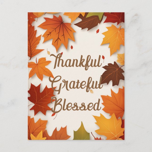 Thankful Grateful Blessed Autumn Leaf Thanksgiving Holiday Postcard (Front)