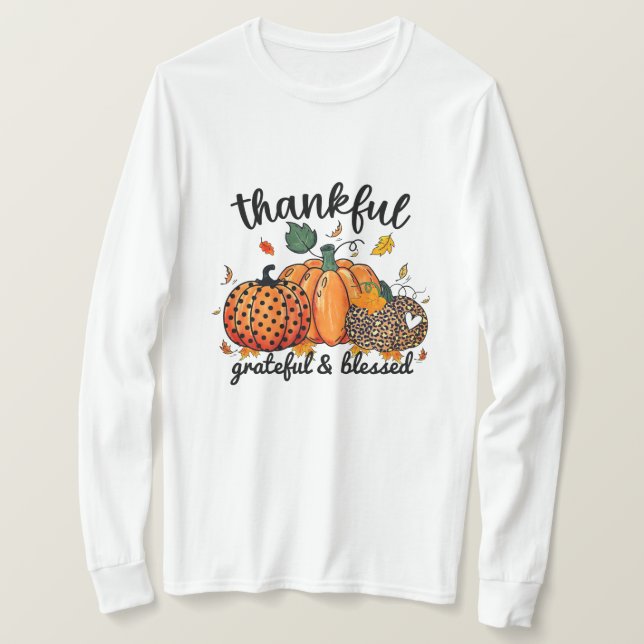 Thankful Grateful Blessed Autumn Pumpkin  T-Shirt (Design Front)