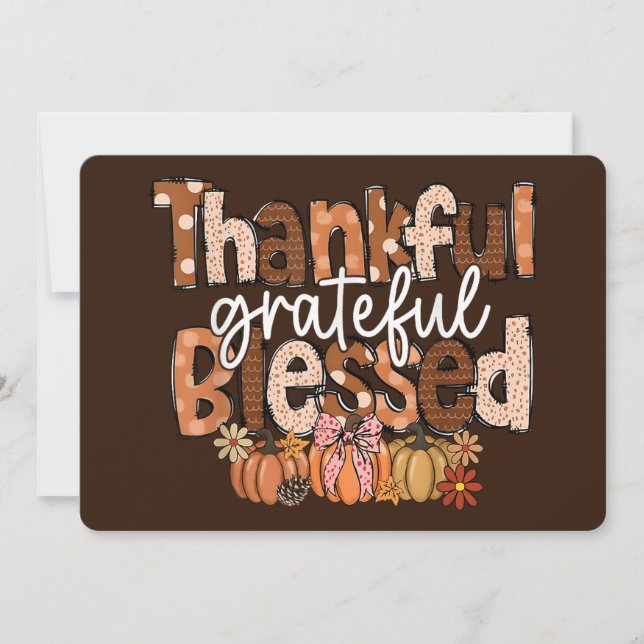 Thankful, Grateful, Blessed – Autumn Typography Holiday Card (Front)