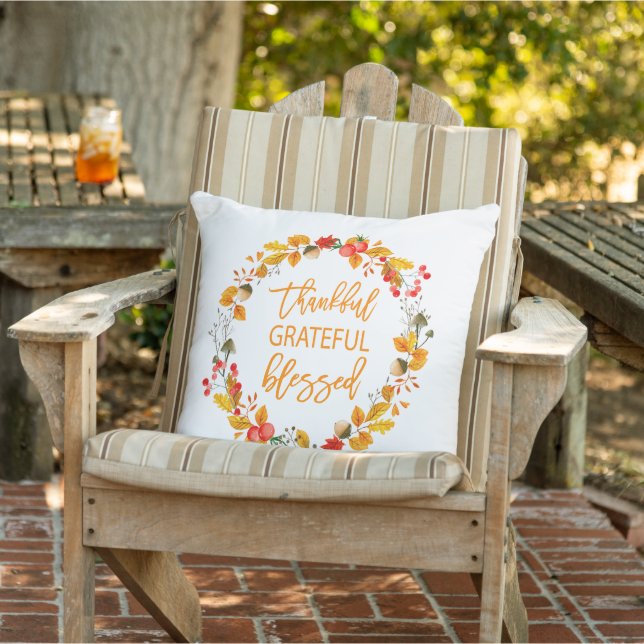 Thankful Grateful Blessed Autumn Wreath Outdoor Pillow (Chair)