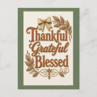 Thankful Grateful Blessed Bow and Leaves Postcard