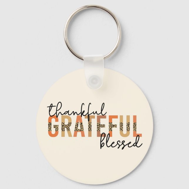 Thankful Grateful Blessed Cheetah Print Typography Keychain (Front)