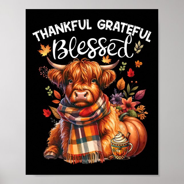 Thankful Grateful Blessed Cow Fall Y'all Autumn  Poster (Front)