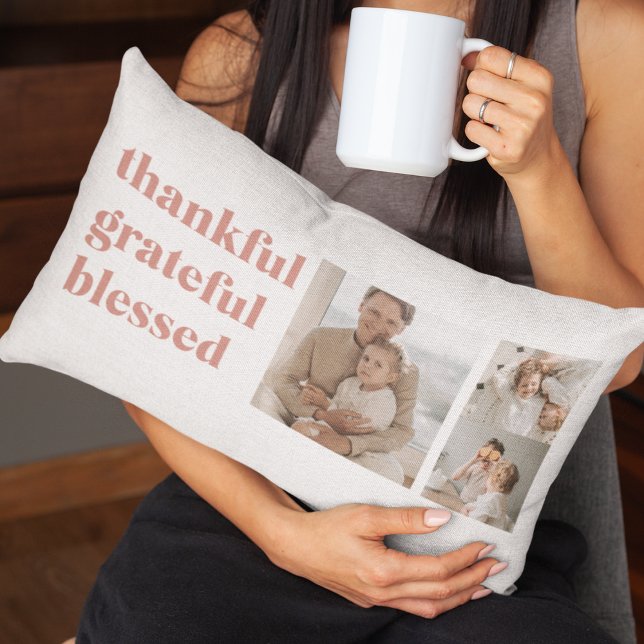 Thankful Grateful Blessed | Custom 3 Photo  Lumbar Pillow (Creator Uploaded)