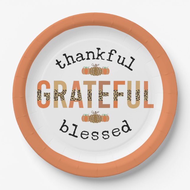 Thankful Grateful Blessed Cute Fall Thanksgiving Paper Plates (Front)