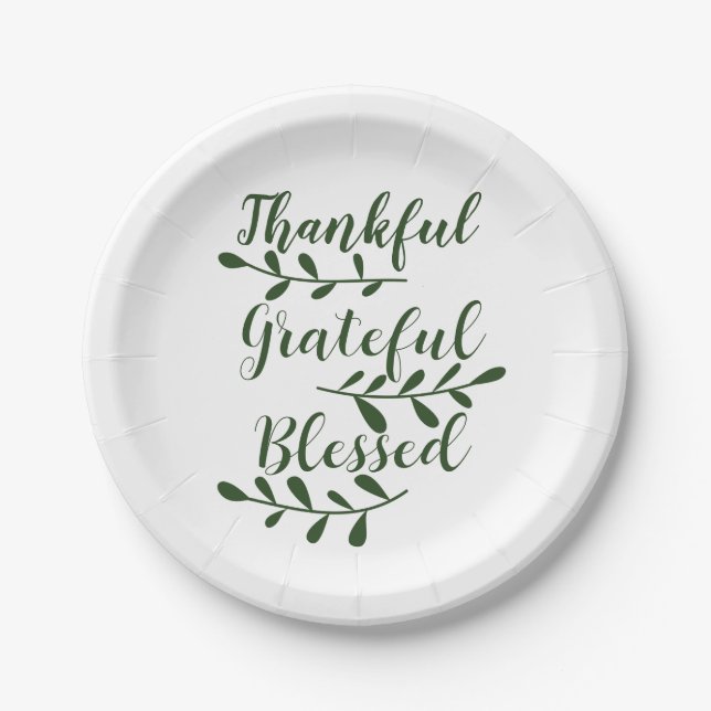 Thankful Grateful Blessed dark green modern script Paper Plates (Front)