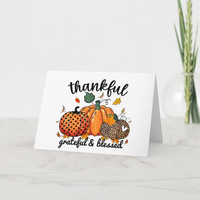 Thankful Grateful Blessed Decorated Pumpkins Thank You Card (Front)