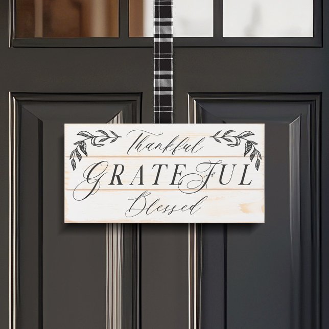Thankful, Grateful, Blessed Elegant Script Wooden Box Sign (Thankful, Grateful, Blessed Elegant Script Wooden Box Sign Hung on Front Door)