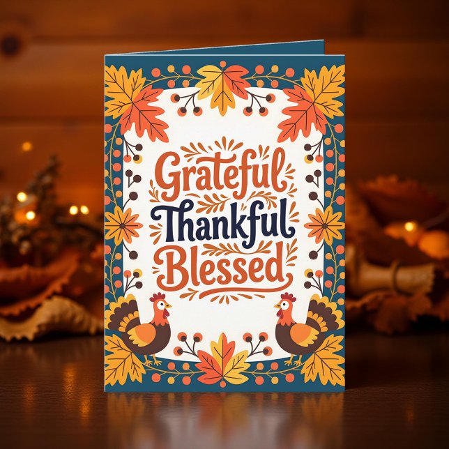 Thankful Grateful Blessed Fall Foliage and Turkeys Card (Creator Uploaded)