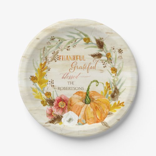 Thankful Grateful Blessed Fall Harvest Family Wood Paper Plates