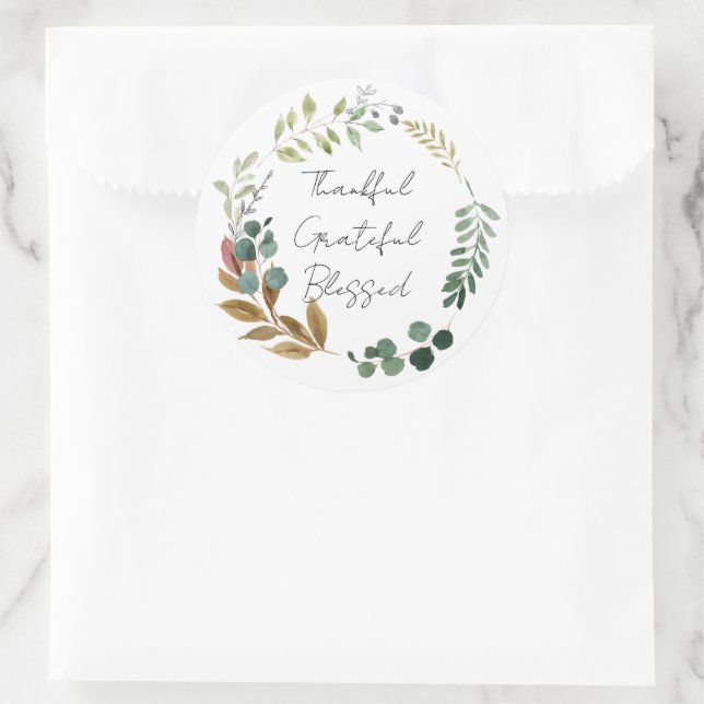 Thankful Grateful Blessed Fall Leaf Rustic Modern Classic Round Sticker (Bag)