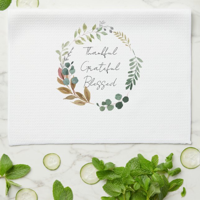 Thankful Grateful Blessed Fall Leaves Thanksgiving Kitchen Towel (Folded)