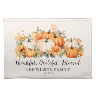 Thankful Grateful Blessed Fall Pumpkin Family Name Cloth Placemat