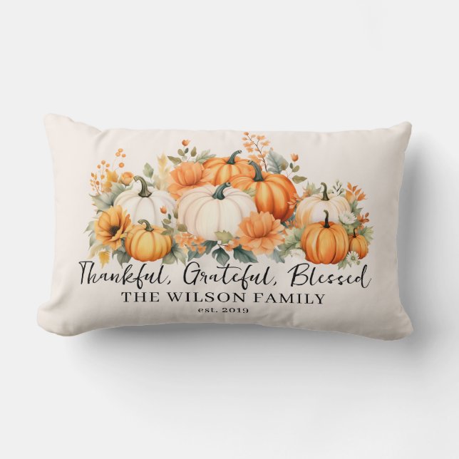 Thankful Grateful Blessed Fall Pumpkin Family Name Lumbar Pillow (Front)