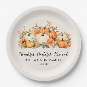 Thankful Grateful Blessed Fall Pumpkin Family Name Paper Plates