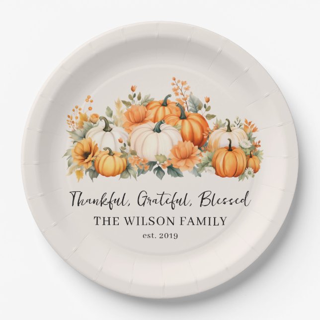 Thankful Grateful Blessed Fall Pumpkin Family Name Paper Plates (Front)