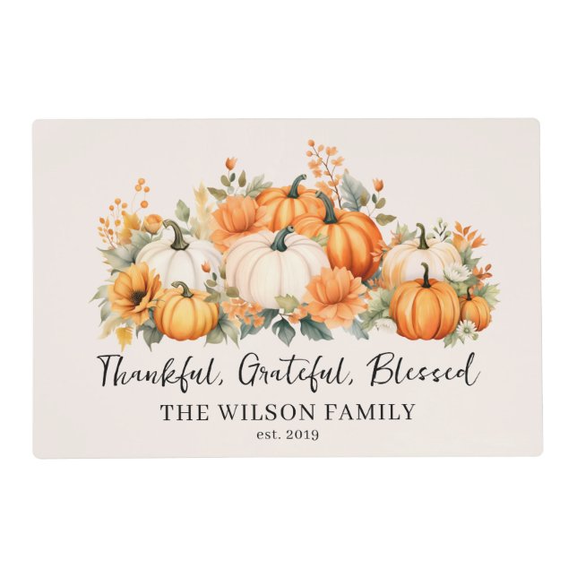 Thankful Grateful Blessed Fall Pumpkin Family Name Placemat (Front)