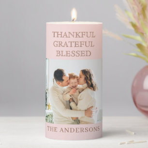 Thankful Grateful Blessed Family Photo Modern Pillar Candle
