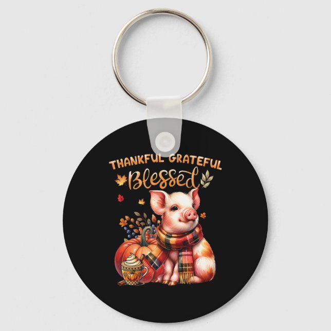 Thankful Grateful Blessed Farm Animal Pig Fall Y'a Keychain (Front)