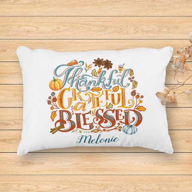 Thankful Grateful Blessed Festive Autumn Script Accent Pillow (Creator Uploaded)