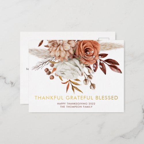 Thankful Grateful Blessed Floral Thanksgiving 22  Foil Holiday Postcard