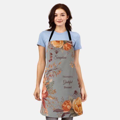 Thankful grateful blessed Floral Thanksgiving  Apron