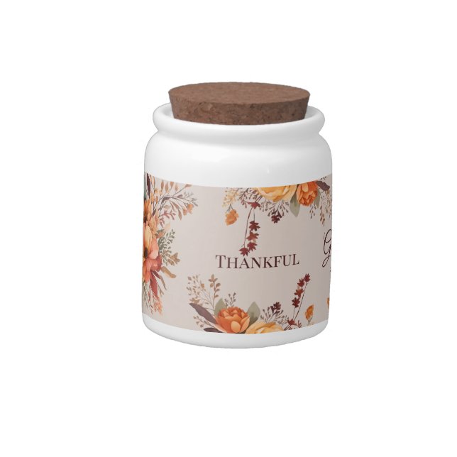 Thankful grateful blessed Floral Thanksgiving  Candy Jar (Left)