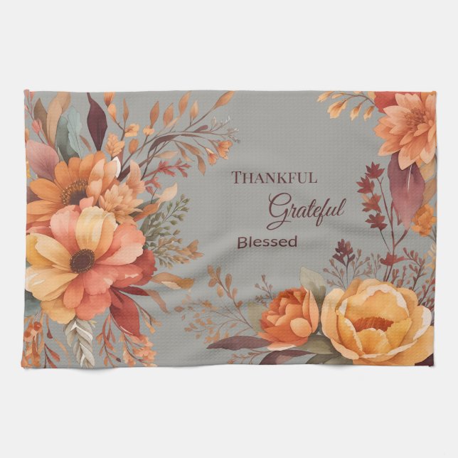 Thankful grateful blessed Floral Thanksgiving  Kitchen Towel (Horizontal)
