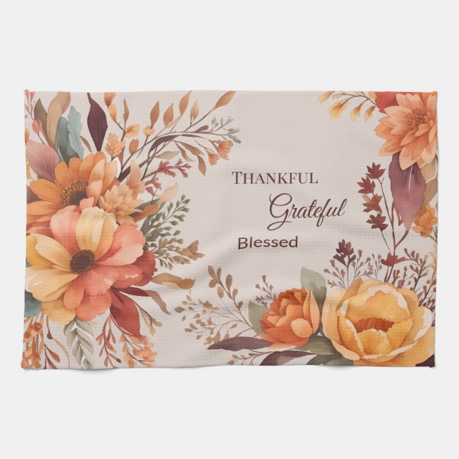 Thankful grateful blessed Floral Thanksgiving  Kitchen Towel (Horizontal)