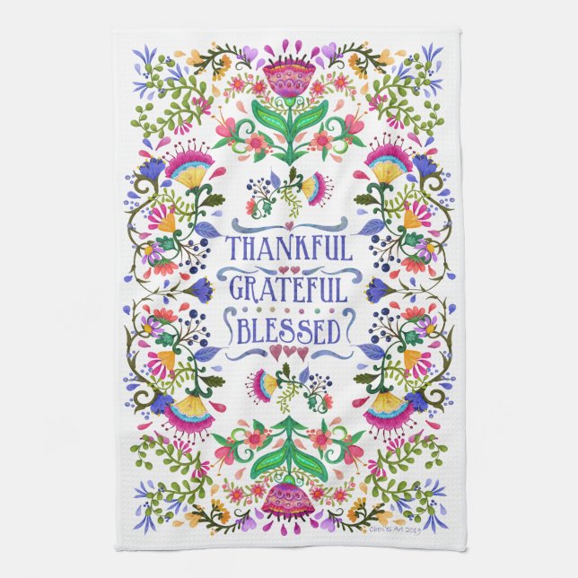 Thankful, Grateful, Blessed | Folk Art Flowers Kitchen Towel (Vertical)