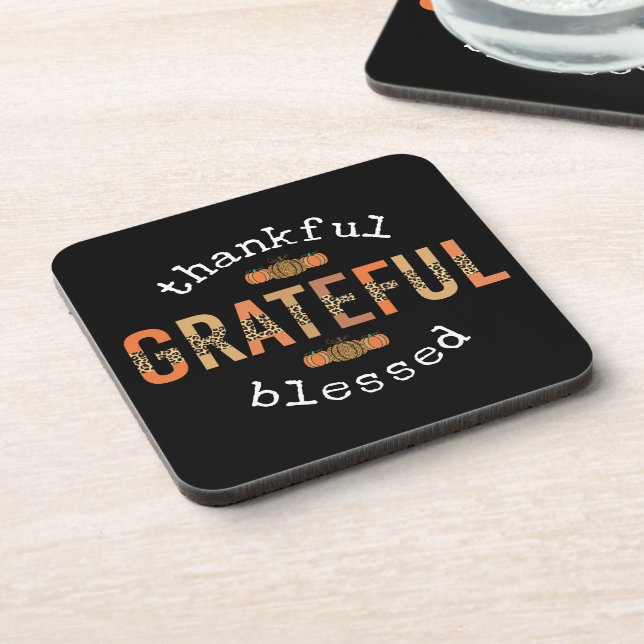 Thankful Grateful Blessed Fun Leopard Print Fall Beverage Coaster (Left Side)