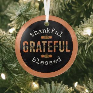 Thankful Grateful Blessed Fun Leopard Print Fall Glass Ornament
