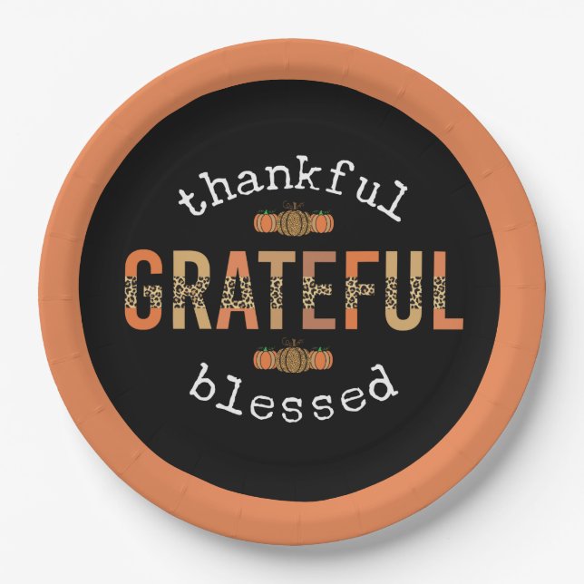Thankful Grateful Blessed Fun Leopard Print Fall Paper Plates (Front)