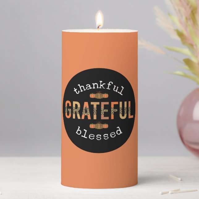 Thankful Grateful Blessed Fun Leopard Print Fall Pillar Candle (In Situ)