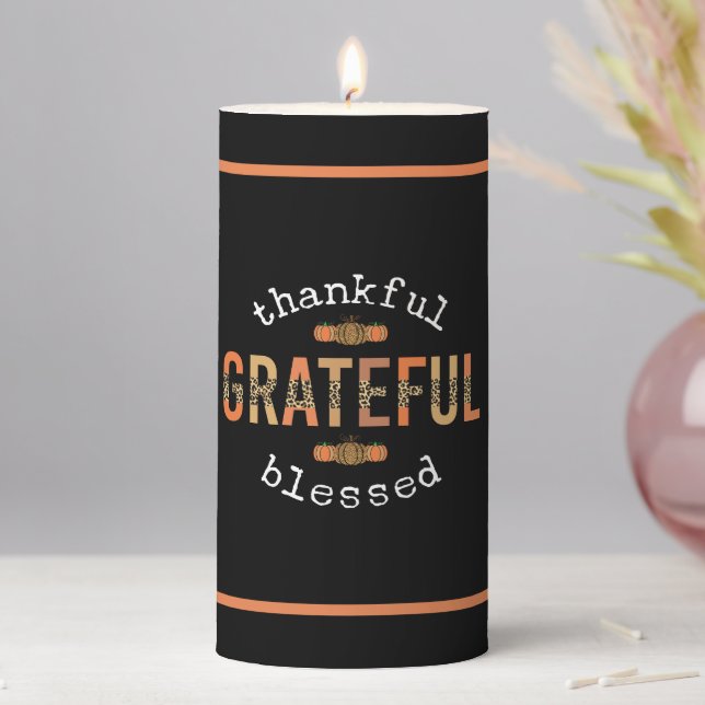 Thankful Grateful Blessed Fun Leopard Print Fall Pillar Candle (In Situ)