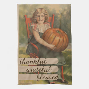 Thankful Grateful Blessed    Girl with Pumpkin Kitchen Towel