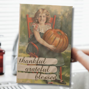 Thankful Grateful Blessed    Girl with Pumpkin Kitchen Towel