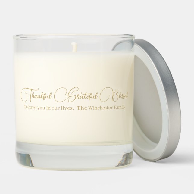 Thankful Grateful Blessed gold custom Thanksgiving Scented Candle (Lid)