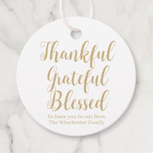 Thankful Grateful Blessed gold script holiday Favor Tags