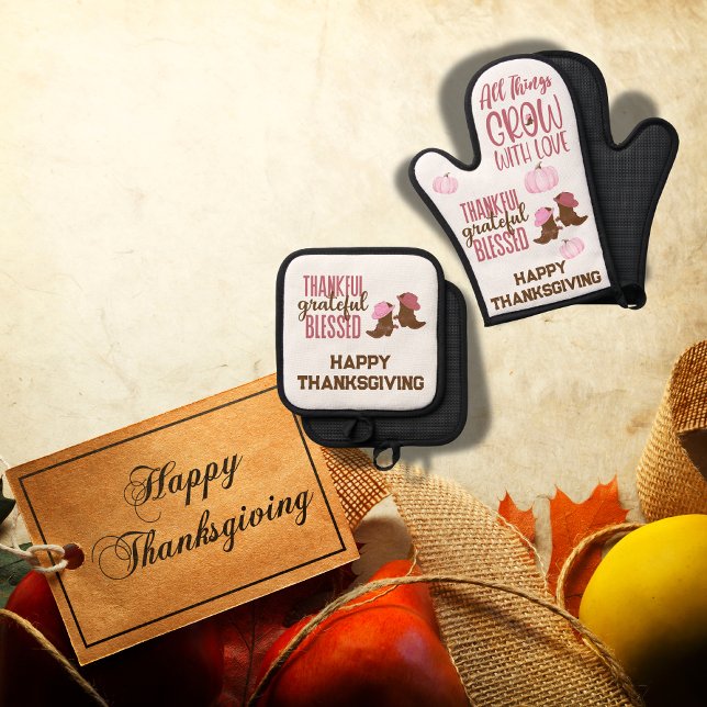 Thankful, Grateful, Blessed, Happy Thanksgiving |  Oven Mitt & Pot Holder Set (Creator Uploaded)